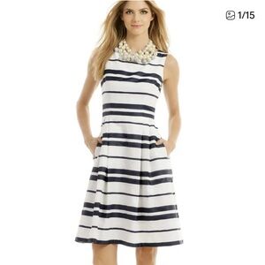 Carmen Marc Valvo Point Of Sail Nautical Dress In Blue And White Stripe Size 4